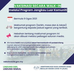 Selangor vaksin pusat senarai pemberian Vaksinasi Walk